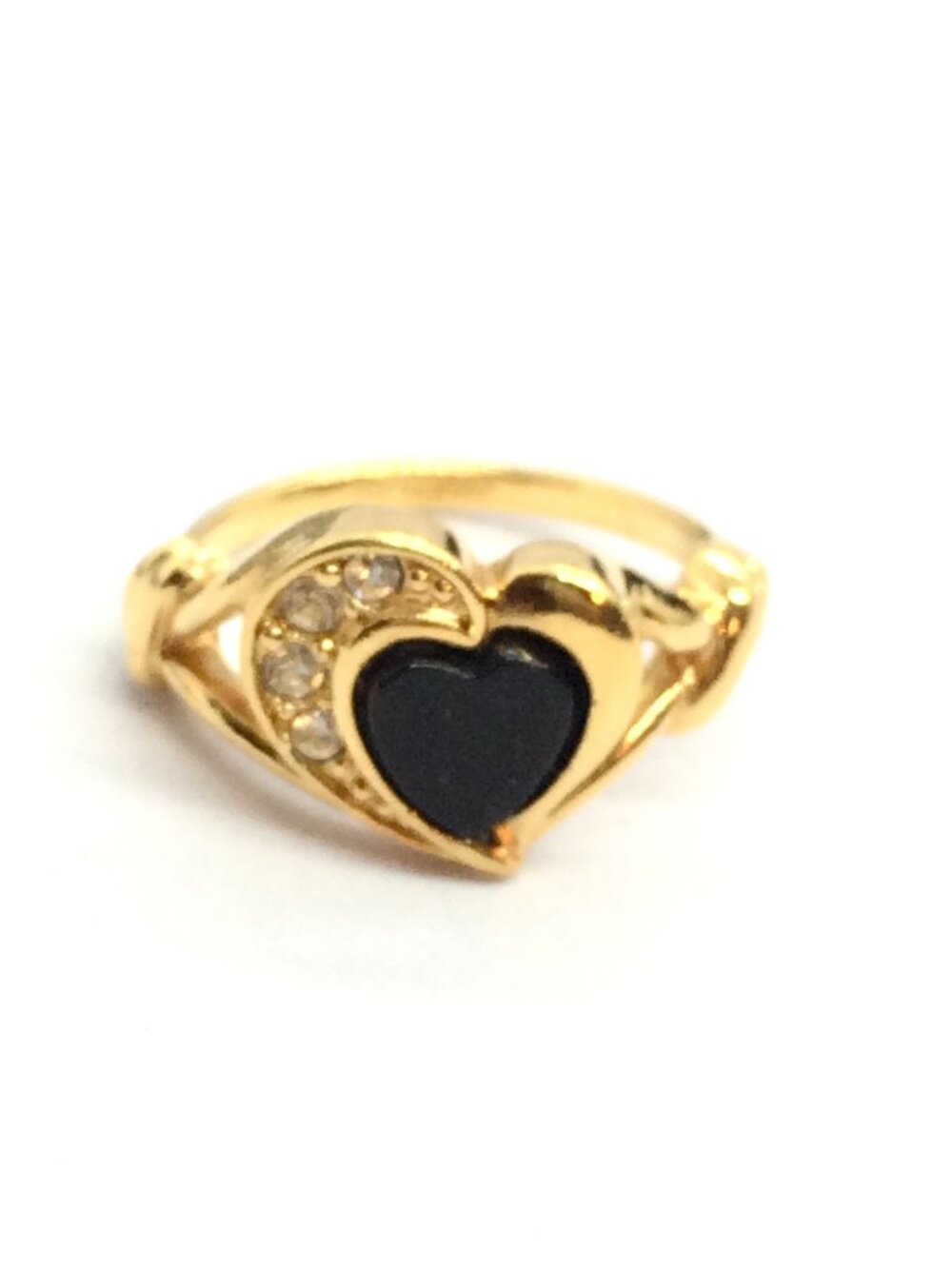 VINTAGE AVON RING Black Heart Rhinestone Gold Tone 1992 Love Size 6 Signed